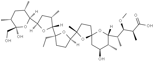 2-[5-Ethyltetrahydro-5-[tetrahydro-3-methyl-5-[tetrahydro-6-hydroxy-6-(hydroxymethyl)-3,5-dimethyl-2H-pyran-2-yl]-2-furyl]-2-furyl]-9-hydroxy-beta-methoxy-alpha,gamma,2,8-tetramethyl-1,6-dioxaspiro[4.5]decane-7-butyric acid(17090-79-8)